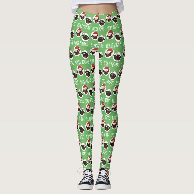 Merry Pugmas Santa and Reindeer Pugs Leggings (Front)