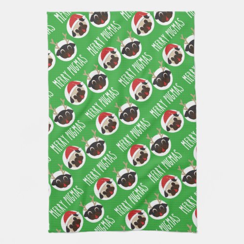 Merry Pugmas Santa Reindeer Pugs Pattern Kitchen Towel