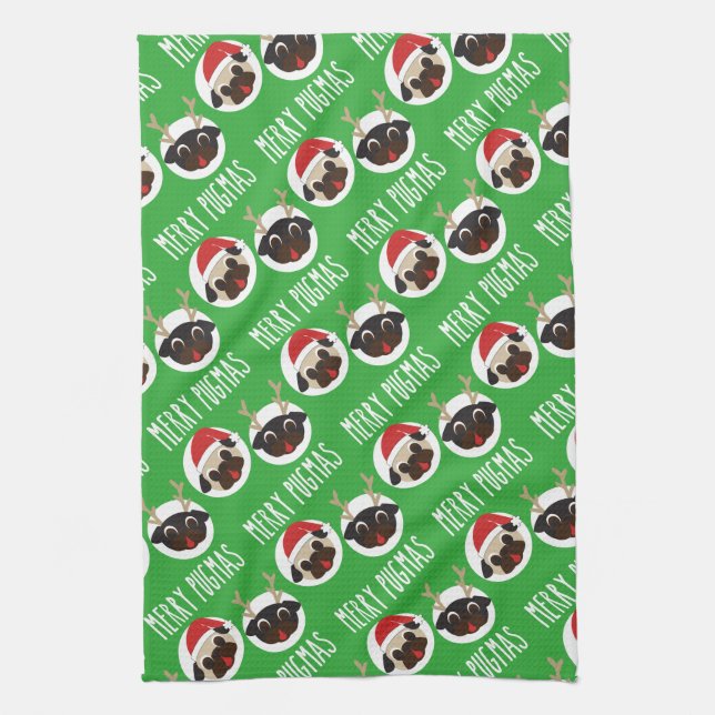 Merry Pugmas Santa Reindeer Pugs Pattern Kitchen Towel (Vertical)