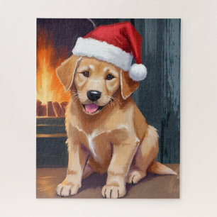 Merry Puppy   Dog Santa Hat Christmas Watercolor Jigsaw Puzzle