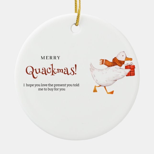 Merry Quackmas! Funny Duck Christmas Card, minimal Ceramic Ornament (Front)
