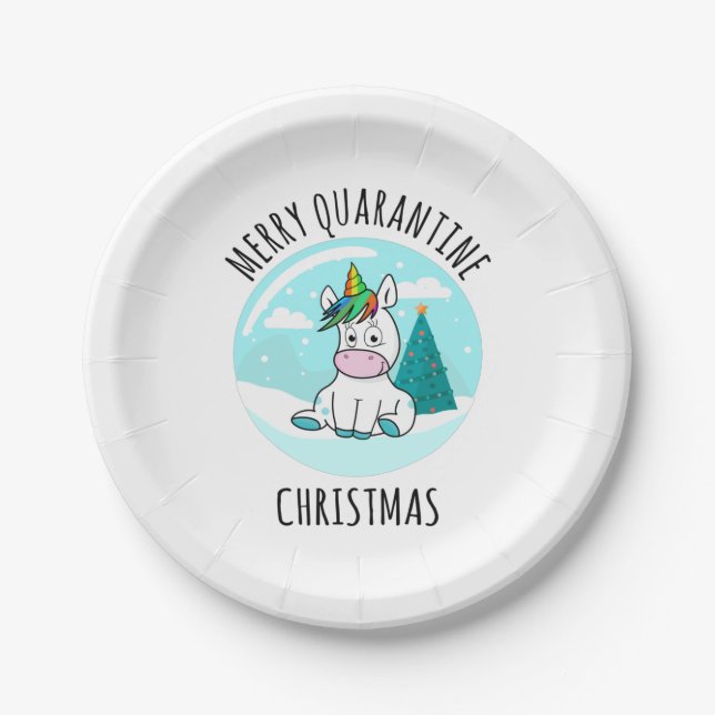 Merry Quarantine Christmas Unicorn Paper Plates (Front)