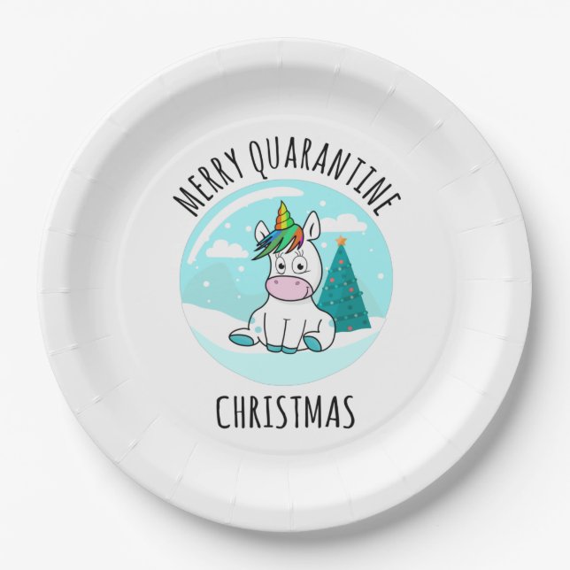 Merry Quarantine Christmas Unicorn Paper Plates (Front)