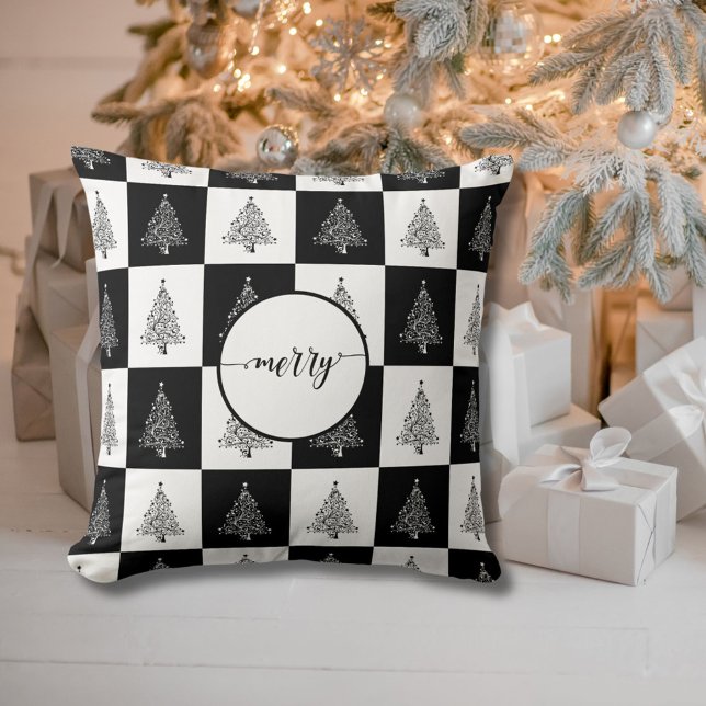 Merry Quote Black & White Squares Christmas Trees Throw Pillow (Creator Uploaded)