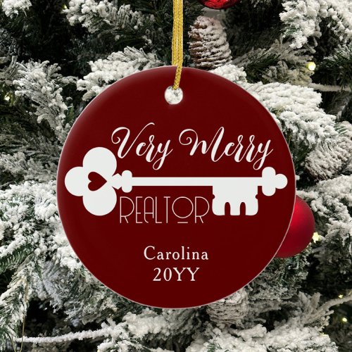 Merry Realtor New Home Key Custom Name Christmas Ceramic Ornament