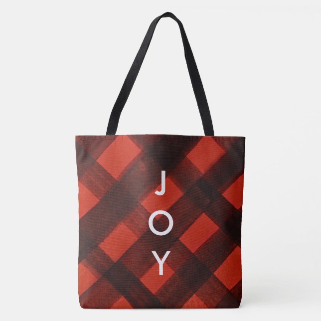 MERRY Red Black Plaid Tartan Christmas Holiday Tote Bag (Front)