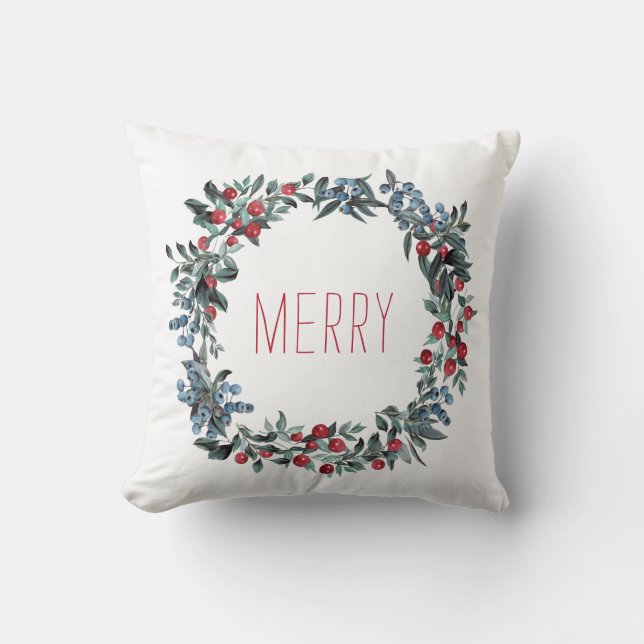 Merry Red Blue Berries watercolor festive wreath Throw Pillow (Front)