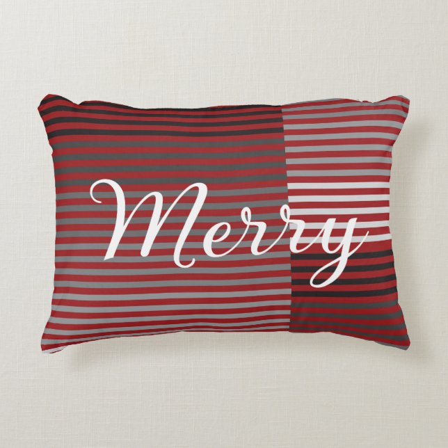 Merry -Red, Gray, Black, White Stripes Accent Pillow (Front)