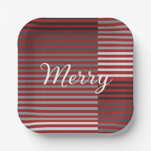 Merry -Red, Gray, Black, White Stripes Paper Plates