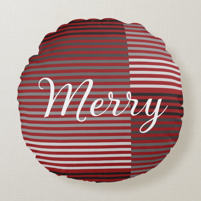 Merry -Red, Gray, Black, White Stripes Round Pillow (Front)