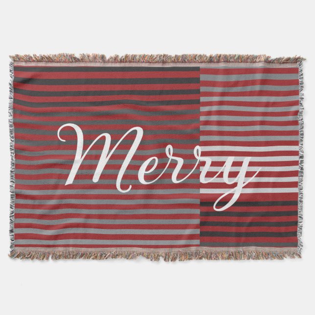 Merry -Red, Gray, Black, White Stripes Throw Blanket (Front)
