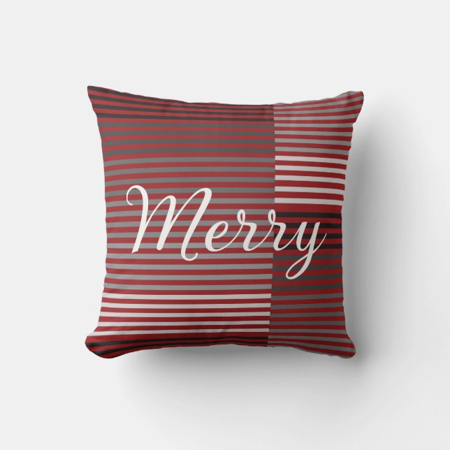 Merry -Red, Gray, Black, White Stripes Throw Pillow (Front)