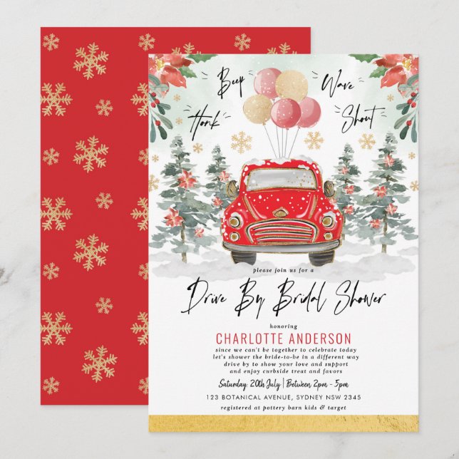 Merry Red Green Gold Winter Drive By Bridal Shower Invitation (Front/Back)