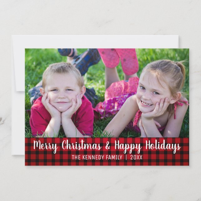 Merry Red Plaid Christmas Photo Holiday Card (Front)