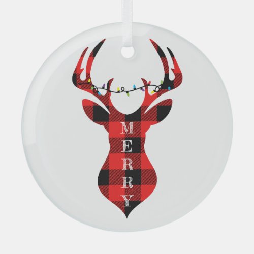Merry Red Plaid Reindeer Silhouette Circle Glass Glass Ornament