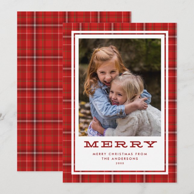 Merry Red Plaid Single Photo Holiday Card (Front/Back)