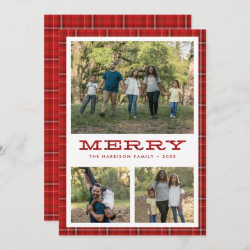 Merry Red Plaid Three Photo Christmas Holiday Card