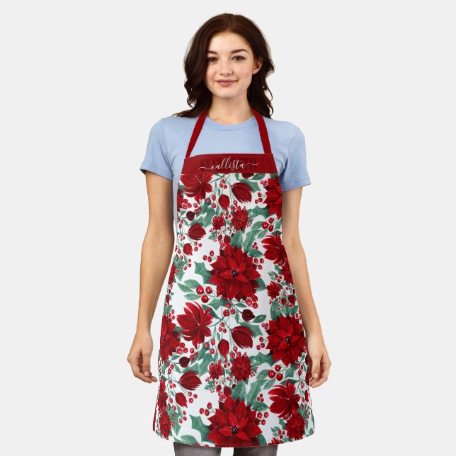 Merry Red Poinsettia Flowers Ivy Leaves Watercolor Apron (Worn)