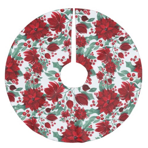 Merry Red Poinsettia Flowers Ivy Leaves Watercolor Brushed Polyester Tree Skirt