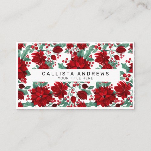 Merry Red Poinsettia Flowers Ivy Leaves Watercolor Business Card