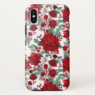Merry Red Poinsettia Flowers Ivy Leaves Watercolor iPhone X Case
