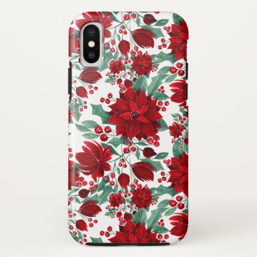 Merry Red Poinsettia Flowers Ivy Leaves Watercolor iPhone X Case
