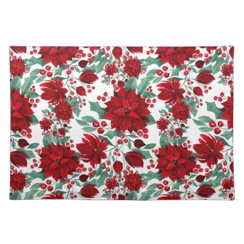 Merry Red Poinsettia Flowers Ivy Leaves Watercolor Cloth Placemat