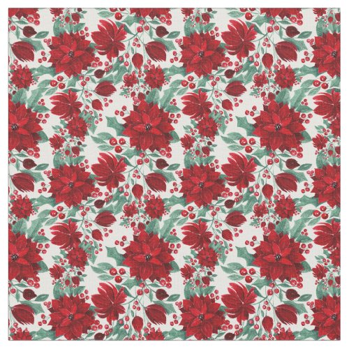 Merry Red Poinsettia Flowers Ivy Leaves Watercolor Fabric