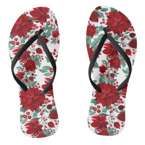 Merry Red Poinsettia Flowers Ivy Leaves Watercolor Flip Flops