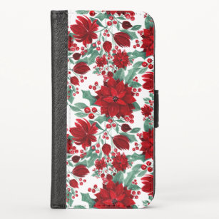 Merry Red Poinsettia Flowers Ivy Leaves Watercolor iPhone X Wallet Case