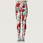 Merry Red Poinsettia Flowers Ivy Leaves Watercolor Leggings<br><div class="desc">This festive and beautiful pattern is perfect for the Christmas season. It features bright neon red, burgundy red, and sage green poinsettia flowers, ivy leaves, and holly berries on top of a simple white background. It's elegant, modern, artsy, and pretty; the perfect design for wintertime. Stylize with this one-of-a-kind pattern...</div>