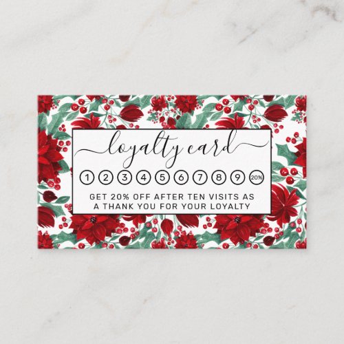 Merry Red Poinsettia Flowers Ivy Leaves Watercolor Loyalty Card