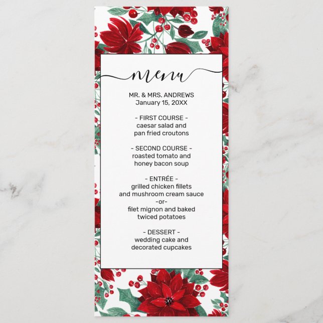 Merry Red Poinsettia Flowers Ivy Leaves Watercolor Menu (Front)