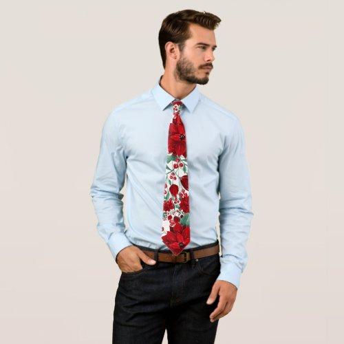 Merry Red Poinsettia Flowers Ivy Leaves Watercolor Neck Tie