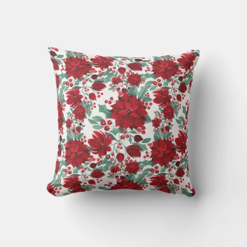 Merry Red Poinsettia Flowers Ivy Leaves Watercolor Outdoor Pillow