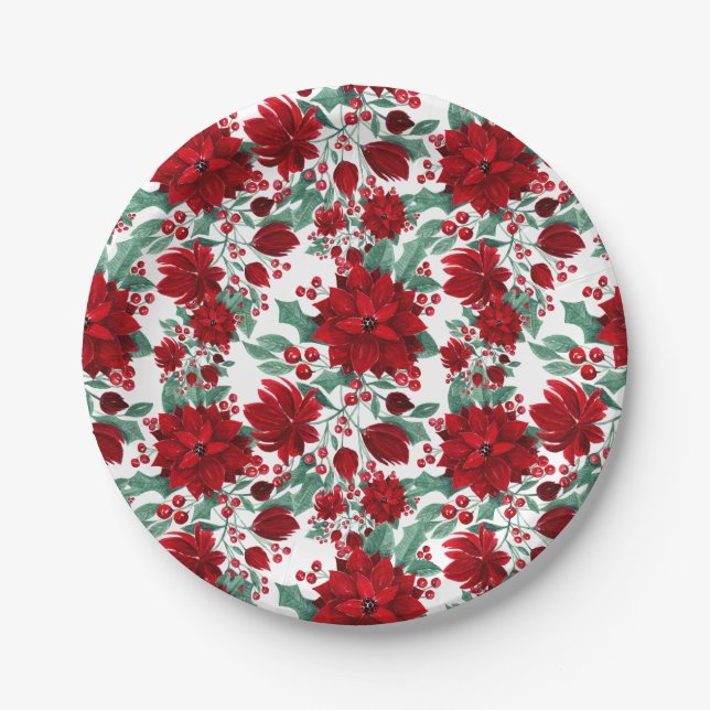 Merry Red Poinsettia Flowers Ivy Leaves Watercolor Paper Plates (Front)
