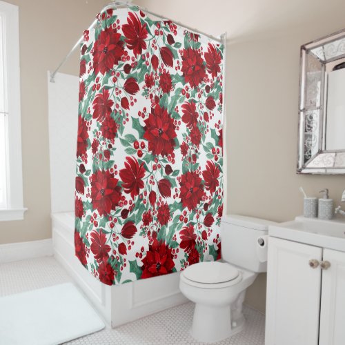 Merry Red Poinsettia Flowers Ivy Leaves Watercolor Shower Curtain