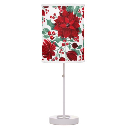 Merry Red Poinsettia Flowers Ivy Leaves Watercolor Table Lamp