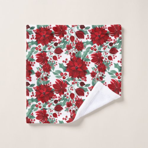 Merry Red Poinsettia Flowers Ivy Leaves Watercolor Wash Cloth