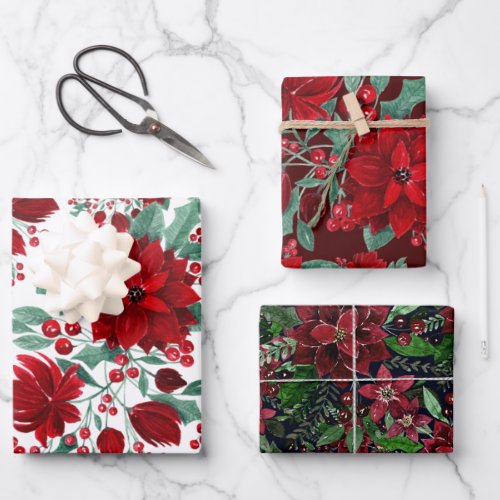 Merry Red Poinsettia Flowers Ivy Leaves Watercolor Wrapping Paper Sheets