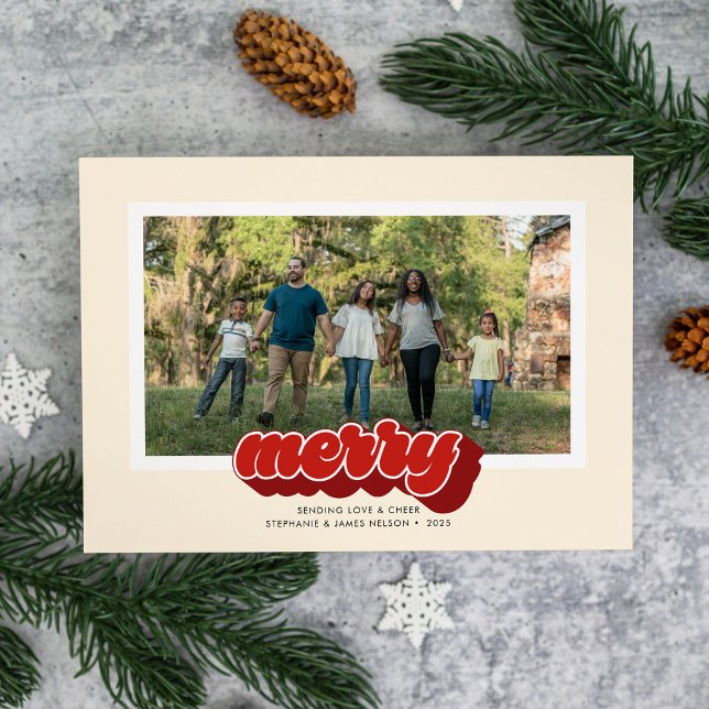 Merry Red Retro Script Christmas Photo Holiday Card (Creator Uploaded)