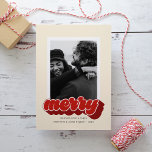 Merry Red Retro Script Christmas Photo Holiday Card<br><div class="desc">This retro inspired Christmas card features the word merry in red script at the bottom of a photo on the front. The back of the card has space for a second photo. Customize it with a short personal greeting,  your name,  and the year.</div>
