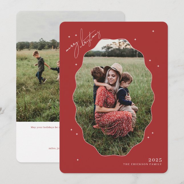 Merry Red Scallop Frame Holiday Photo Card (Front/Back)