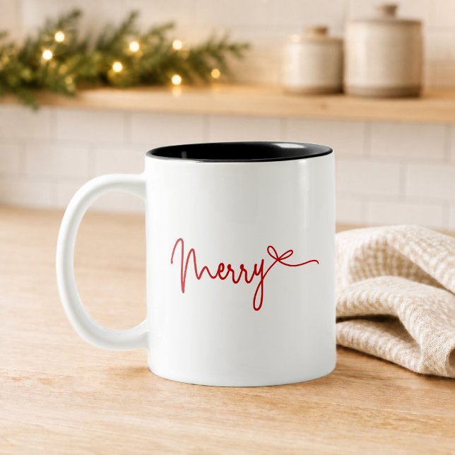Merry Red Script Bow Christmas  Two-Tone Coffee Mug (Creator Uploaded)