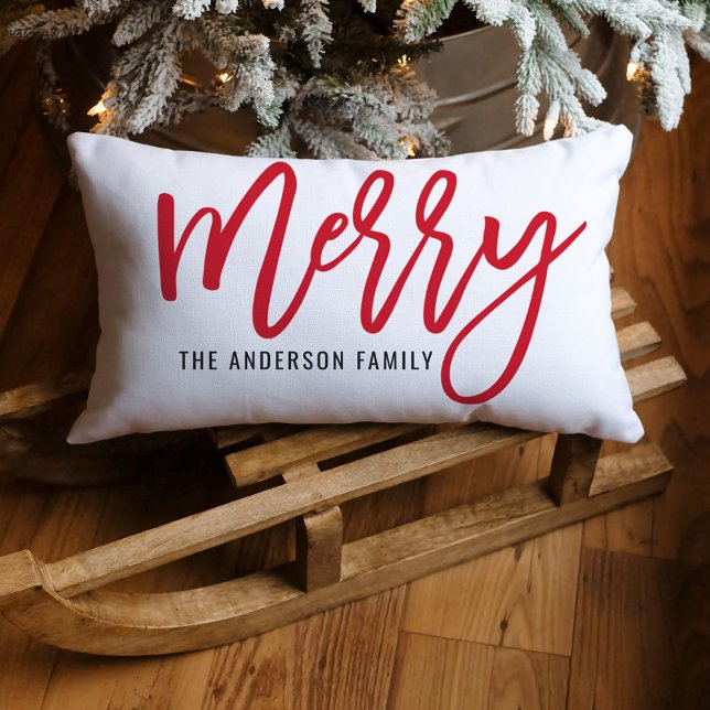 Merry Red Script Family Name Christmas Lumbar Pillow (Creator Uploaded)
