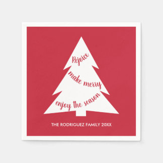 Merry Red White Christmas Tree Name Holiday Party Napkins