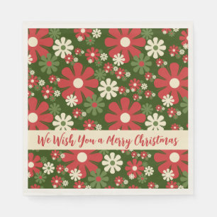 Merry Retro Christmas Cute 60s 70s Floral Pattern Napkins