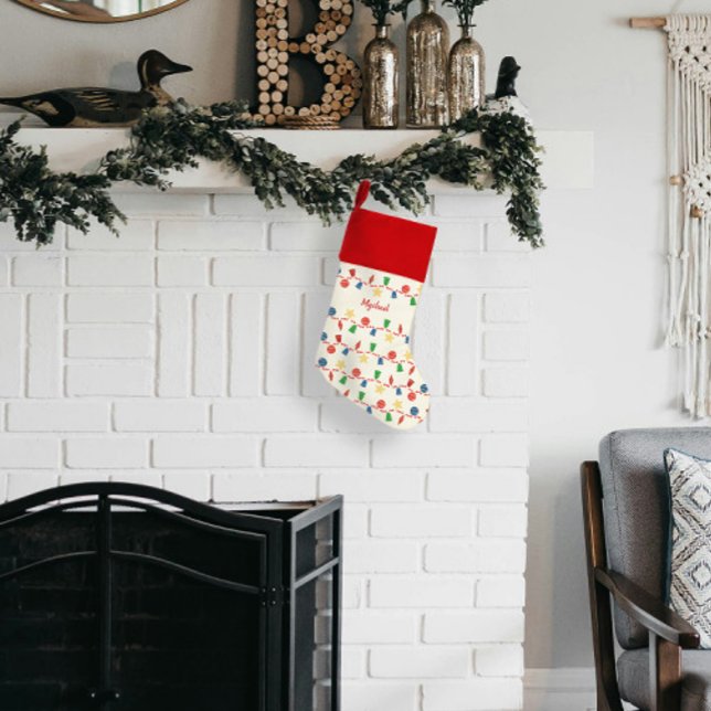 Merry retro Christmas ornaments and red beads Christmas Stocking (Cute retro Christmas stocking with vintage Christmas ornaments and red beaded garland)