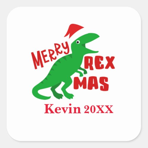 Merry Rex Mas Personalize Childrens TRex Dinosaur  Square Sticker