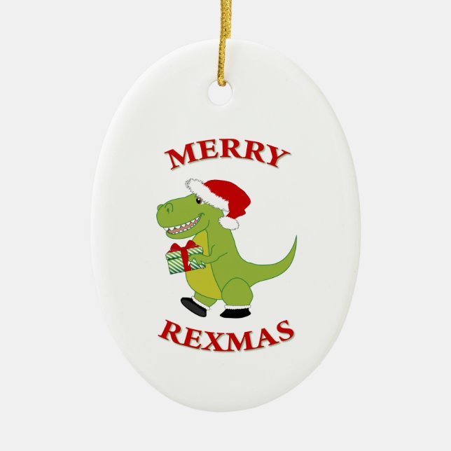 Merry Rexmas T-Rex dinosaur design Ceramic Ornament (Front)